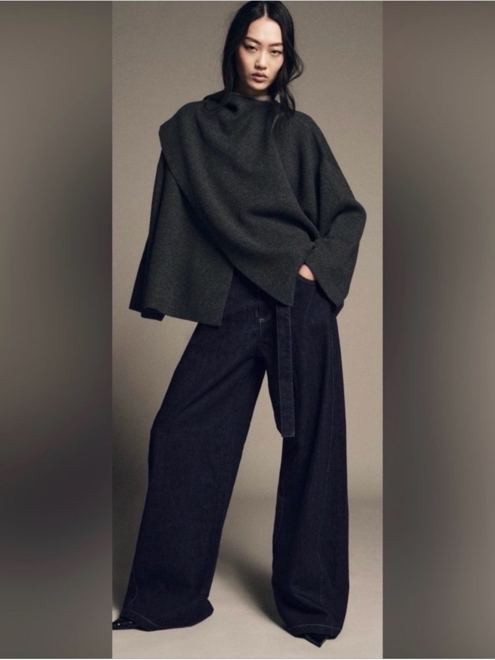 ZARA GREY WOOL BLEND CHUNKY KNIT ASYMMETRIC SCARF CAPE CARDIGAN COAT COATIGAN